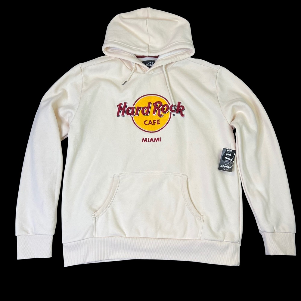 Hard Rock Cafe Miami Mens Embroidered Logo Hoodie XXL Off White Cream Roadtrip